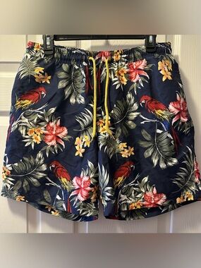 Club Room Navy Tropical Parrot Swim Trunks with Yellow Drawstring